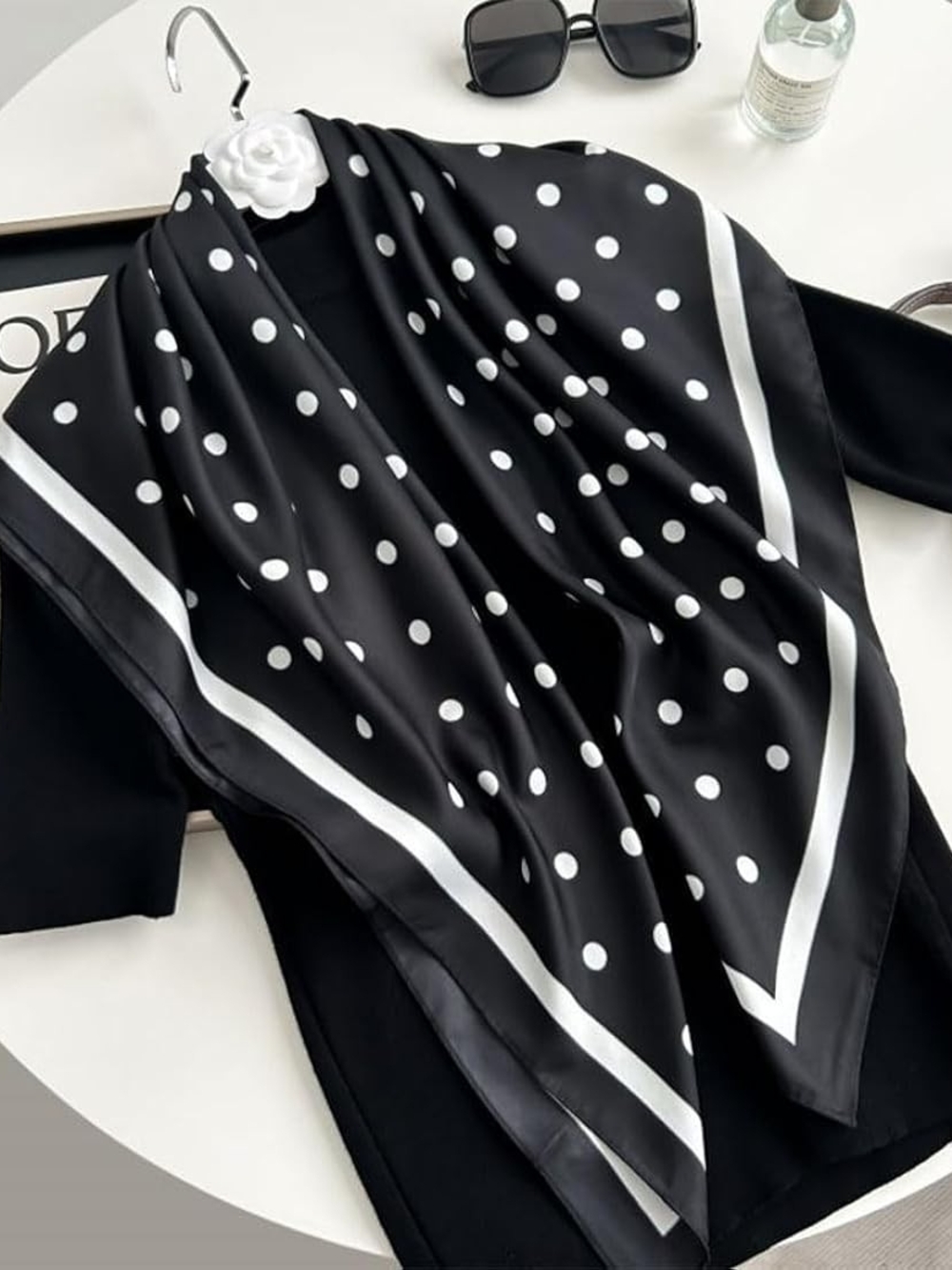 Silk-feel Black and White Polka Dot Silk Scarf - 70*70cm - Picture 3 of 3